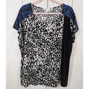 Liz Claiborne‎ Size 2X Black White Blue Pattern Short Sleeve Womens Blouse